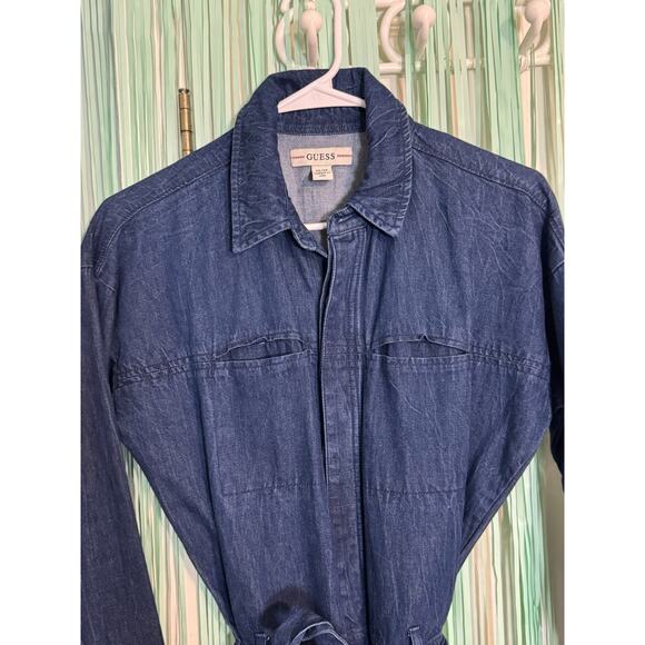 GUESS Long Sleeve Dark Denim Jumpsuit, Pockets, Tie Waist, Collar, XS - Picture 2 of 7
